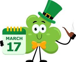 St. Patrick's Clover Leaf Cartoon Character Holding Calendar And Pipe vector