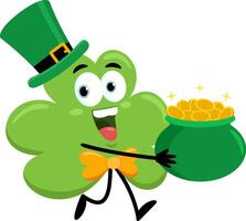 St. Patrick's Clover Leaf Cartoon Character Running With Pot Full Of Gold Coins vector
