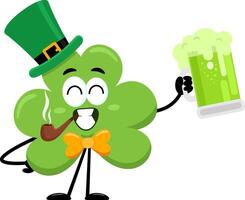 St. Patrick's Clover Leaf Cartoon Character With Pipe Holding Mug Of Beer vector