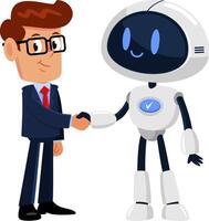 Businessman And AI Robot Cartoon Characters Shaking Hands At Meeting vector
