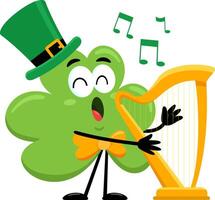 St. Patrick's Clover Leaf Cartoon Character Sing A Song With Harp vector