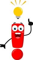 Cute Red Exclamation Mark Cartoon Character With Idea And Pointing Finger vector