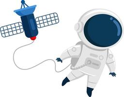 Cute Astronaut Cartoon Character Flying In Open Space Connected To Space Station vector