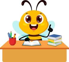 Cute School Bee Cartoon Character Sitting At A Desk And Writing In A Notebook vector