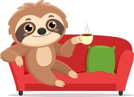 Smiling Cute Sloth Cartoon Character Sitting On A Sofa And Drinking Coffee vector