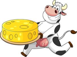 Smiling Cow Cartoon Character Running With Round Cheese vector
