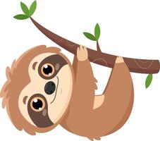 Happy Cute Sloth Cartoon Character Lazy Hanging On A Tree Branch vector