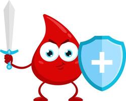 Cute Red Blood Drop Cartoon Character Guards With Shield And Sword vector
