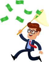 Happy Businessman Cartoon Character Chasing Flying Money With A Net vector