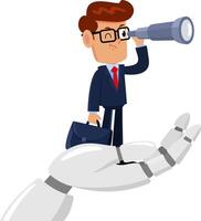 Businessman Cartoon Character With A Handheld Telescope On Robot Arm vector