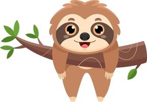 Happy Cute Sloth Cartoon Character Lazy Hanging On A Tree Branch vector