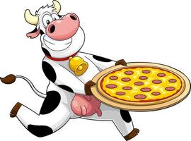Smiling Cow Cartoon Character Running With Pepperoni Pizza vector