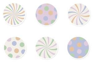 Cute pastel-colored stickers. Blog, social media buttons, groovy style, retro stickers in round shape. Follow us, swipe up, click here icons. Design elements for print, shipping decor, card, app. vector