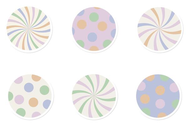 Cute pastel-colored stickers. Blog, social media buttons, groovy style, retro stickers in round shape. Follow us, swipe up, click here icons. Design elements for print, shipping decor, card, app.