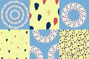 Abstract art posters of patterns with circles and paint splashes. Modern illustration on blue and yellow backgrouns vector