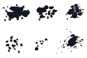 Black ink blots with drops. Splatter collection. Liquid grunge splashes. Each isolated on white background vector