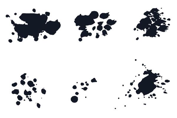 Black ink blots with drops. Splatter collection. Liquid grunge splashes. Each isolated on white background