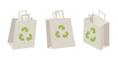 Paper shopping bag mockups. Eco package. Paper package isolated on white background with recycling symbol and shadow vector