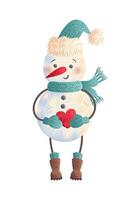 Charming and festive Snowman with a heart perfect for your Winter Holiday Decorations. Cute childrens Christmas character. illustration in watercolor style. For sticker, postcard, design element. vector