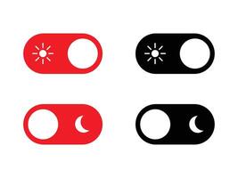 dark mode and light mode toggle switch. black, red and white day and night buttons with sun and moon icon for app, sun and moon icons vector