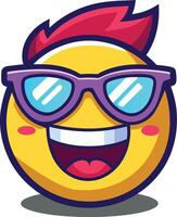 Emoji icon of a face with sunglasses showing a cool and relaxed expression in bright yellow set against a white background The design is crisp and clean. vector