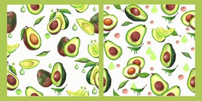 2 seamless patterns. All avocado elements are painted with watercolors. vector
