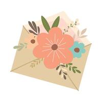 Hand drawn envelope with flowers and leaves isolated on white background vector