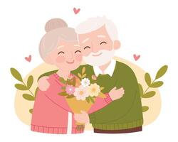 Happy grandparents with floral bouquet isolated on white background with hearts. vector