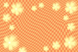 Orange funky psychedelic checkerboard pattern with flowers. Groovy funky textures. Stock illustration in flat style. vector