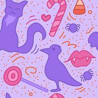 cute Halloween seamless pattern with crow and black cat and candy. Stock illustration in cartoon style with outline. vector