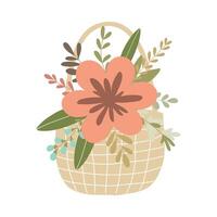 Hand drawn wicker basket with flowers and leaves isolated on white background vector