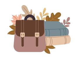 Briefcase, stack of books and autumn forest leaves isolated on white background vector