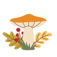 Simple flat style mushroom and autumn leaves vector