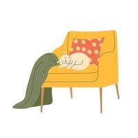 Cozy illustration of cat sleeping on soft chair with blanket. Perfect for home decor, pet themed designs, and relaxing interior concepts vector