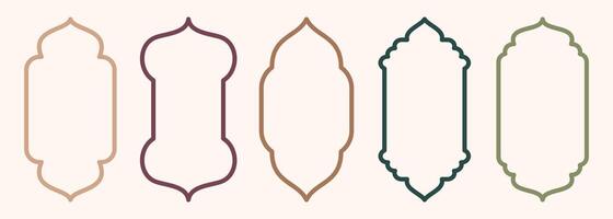 Shape Islamic door and window silhouette Arabic arch. Collection of patterns in oriental style. Frames in Arabic Muslim design for Ramadan Kareem. mosque gate stroke isolated on white vector