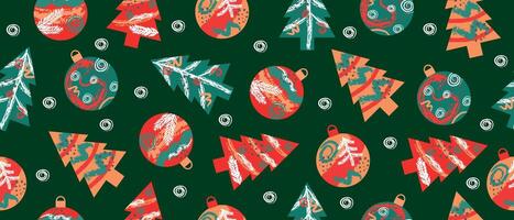 Winter Christmas and New Year seamless pattern with balls and fir trees on a green background. vector