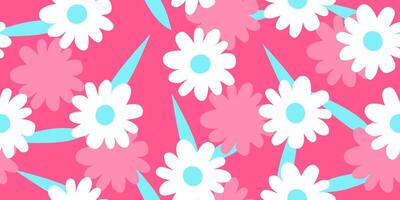 Seamless pattern with white flower plants and leaves on pink background vector