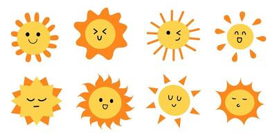 Set of hand drawn cute and funny sun element with facial expressions icon vector