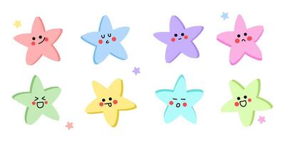 Set of cute colorful star characters with facial expressions on white background vector