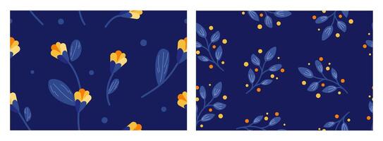 Two of Cute seamless drawing pattern with flower and leaves on blue background vector