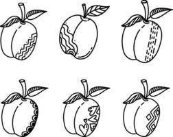 Peach hand drawn style with abstract lines ornaments set. Food eco template for menu, peach jam and juice label, tea banner, textile vector