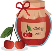 Jar with cherry jam. Homemade cherry jam in a glass jar. flat cartoon illustration. White background, isolated. illustration vector