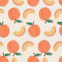 Peach fruit seamless pattern. Peach in cartoon style repeated backdrop. Whole fruit and cut half. Food template for background, textile, wrapping paper, wallpaper vector
