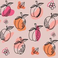 Peach fruit seamless pattern. Peach with leaf hand drawn repeated backdrop. Whole fruit and cut half. Food template for background, textile, wrapping paper, wallpaper. vector