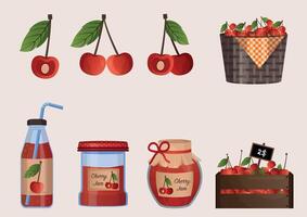Cherry harvest large collection. Red cherry on branch, in basket, juice, jam, marmalade, pastila. Fruits vector