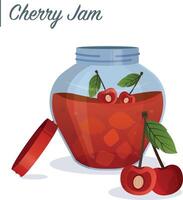 Cherry jam in jar. Cherry confiture. food illustration in cartoon flat style. Breakfast vector