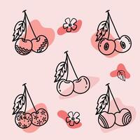 Cherry in hand drawn style with abstract shapes. Food eco template for menu, cherry jam and juice label, tea banner. illustration vector