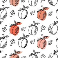 Peach fruit seamless pattern. Peach with leaf hand drawn repeated backdrop. Whole fruit and cut half. Food template for background, textile, wrapping paper, wallpaper. vector