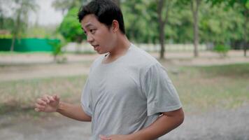 Asian man feeling exhausted and tired while exercise in garden, Attractive sportsman taking a deep breath and resting while practice workout for health care in public park. video