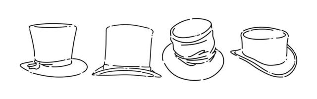 Set line drawing of top hat, magician cap. Isolated on white background. Graphic illustration. vector